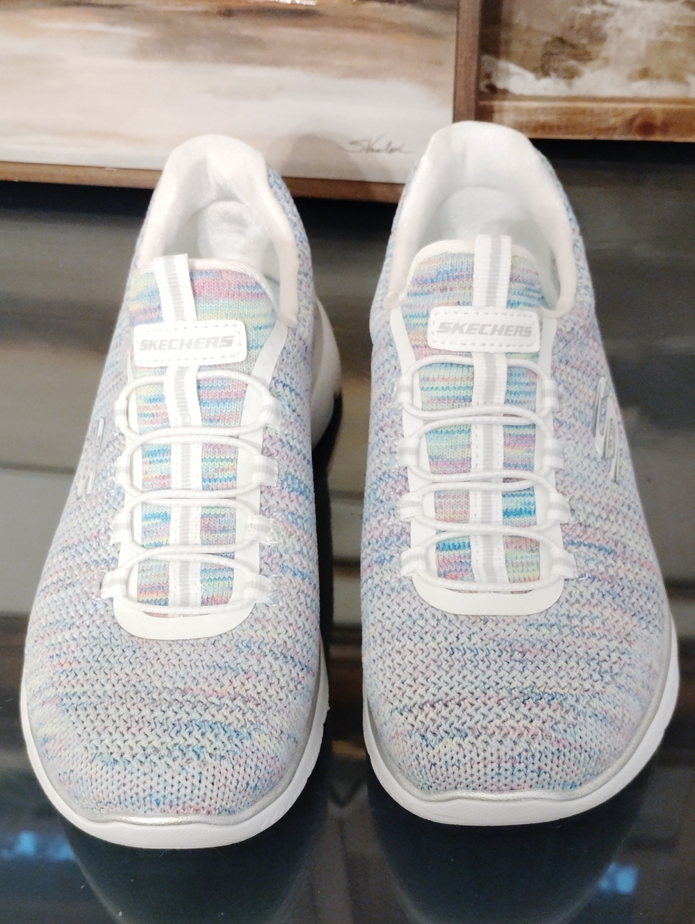 Skechers Women's Pastel Knit Slip-On Sneakers in Multi and White